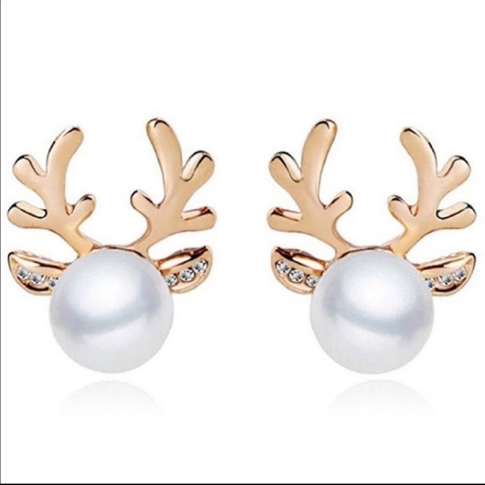 🎁 Holiday Gold Pearl Reindeer Antler Earrings 🎄